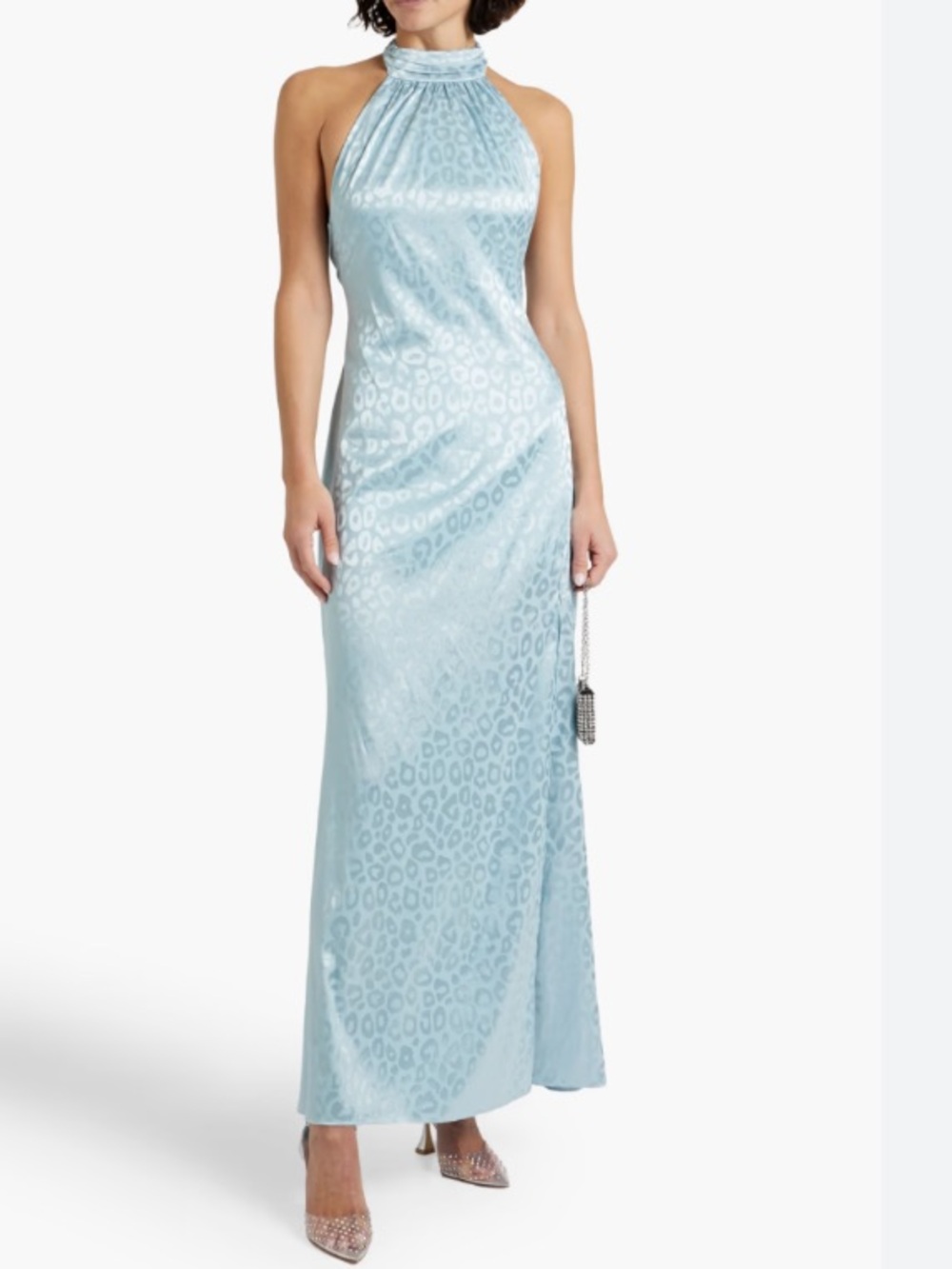 NWT ONE33 SOCIAL Sky Blue Leopard Satin Jacquard Halterneck Maxi Dress Size 10